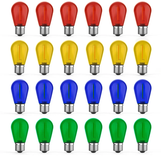 Main image of 24 Pack LED S14 Colored Light Bulbs for Outdoor String Lights, Shatterproof 1W Replacement Bulbs for Patio Lights, Dimmable, 2200K Warm White, E26 Base, Multi-Color: Red/Blue/Yellow/Green