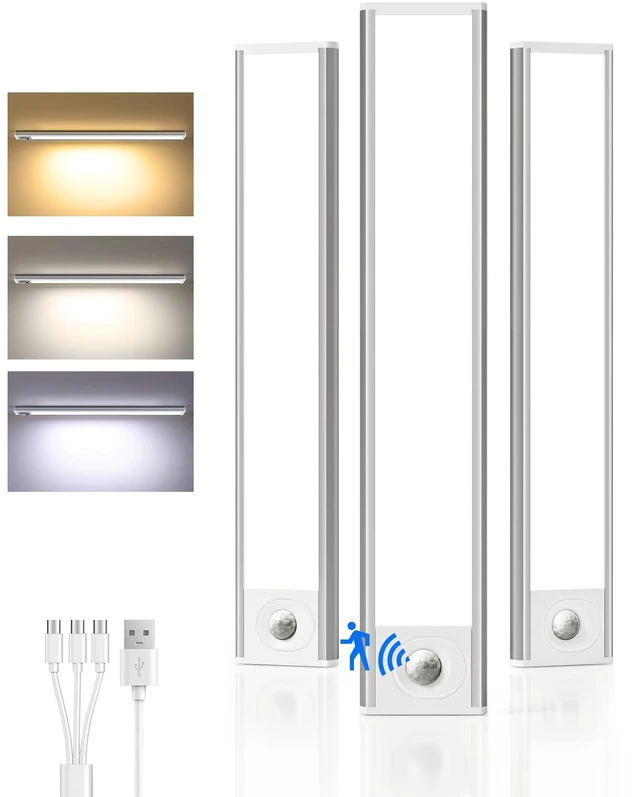 Main image of 3Pack-Under Cabinet Lighting Wireless, Rechargeable Battery Motion Sensor Light Indoor, LED Closet Lights USB Charging, 3 Color Dimmable Under Cabinet Lights for Kitchen, Cabinet, Wardrobe (14inch)