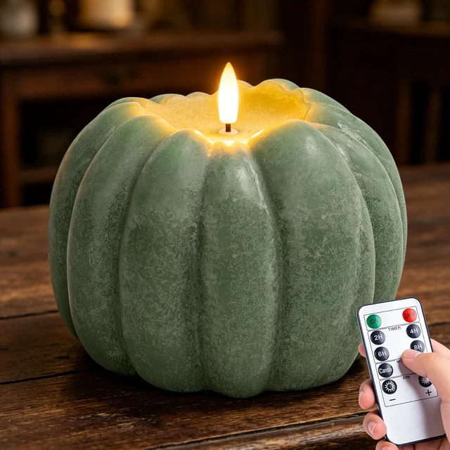 Main image of Fall Decorations for Home, Large Flameless Pumpkin Candle, Sage Green Sage Green and Fall Decor for Home, Room, Kitchen, Table, House, Wax, Remote and Timer, Battery Operated, 5.31" W, 5.1" H