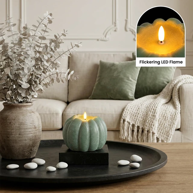 Alt view image 2 of 7 - Fall Decorations for Home, Large Flameless Pumpkin Candle, Sage Green Sage Green and Fall Decor for Home, Room, Kitchen, Table, House, Wax, Remote and Timer, Battery Operated, 5.31" W, 5.1" H