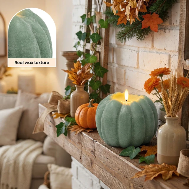 Alt view image 3 of 7 - Fall Decorations for Home, Large Flameless Pumpkin Candle, Sage Green Sage Green and Fall Decor for Home, Room, Kitchen, Table, House, Wax, Remote and Timer, Battery Operated, 5.31" W, 5.1" H