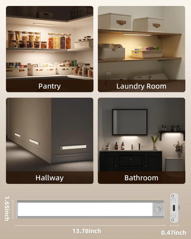 Alt view image 7 of 7 - 3Pack-Under Cabinet Lighting Wireless, Rechargeable Battery Motion Sensor Light Indoor, LED Closet Lights USB Charging, 3 Color Dimmable Under Cabinet Lights for Kitchen, Cabinet, Wardrobe (14inch)