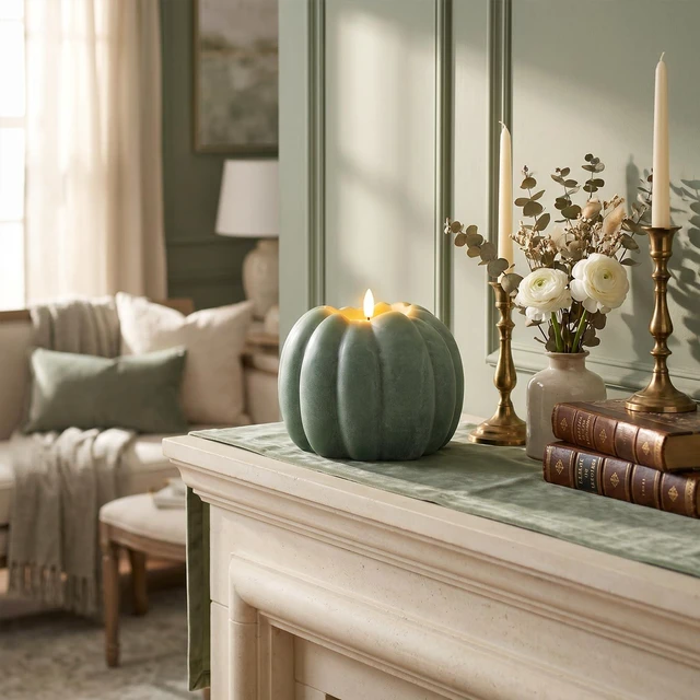Alt view image 5 of 7 - Fall Decorations for Home, Large Flameless Pumpkin Candle, Sage Green Sage Green and Fall Decor for Home, Room, Kitchen, Table, House, Wax, Remote and Timer, Battery Operated, 5.31" W, 5.1" H