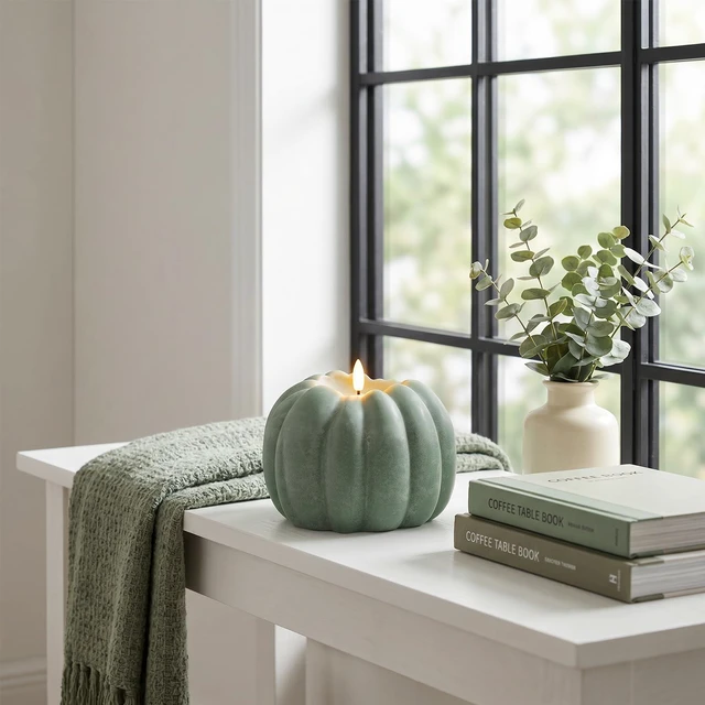Alt view image 6 of 7 - Fall Decorations for Home, Large Flameless Pumpkin Candle, Sage Green Sage Green and Fall Decor for Home, Room, Kitchen, Table, House, Wax, Remote and Timer, Battery Operated, 5.31" W, 5.1" H