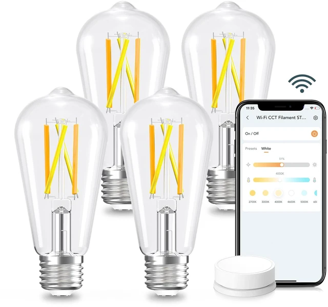 Main image of Smart Edison Light Bulb, ST19 (58) Vintage Bulb, 4 Pack with Remote Works with Alexa/Google Home, 2700K-6500K Warm White to Daylight LED Filament Bulb, Smart Dimming, WiFi E26 Bulb 8W 60W 800LM