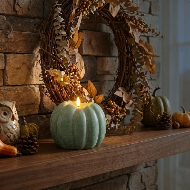 Alt view image 7 of 7 - Fall Decorations for Home, Large Flameless Pumpkin Candle, Sage Green Sage Green and Fall Decor for Home, Room, Kitchen, Table, House, Wax, Remote and Timer, Battery Operated, 5.31" W, 5.1" H
