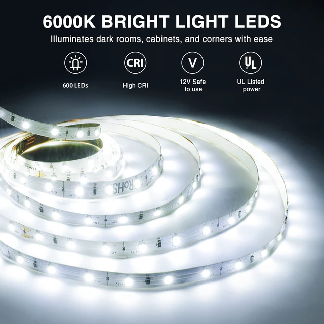 Alt view image 2 of 7 - White LED Strip Lights, 32.8FT 6000K Super Bright Dimmable Tape Light Kit, 600 LEDs Daylight Easter Rope Light, 12V Flexible Strip Lighting for Mirror, Under Cabinet, Home, Bedroom (Pack of 2)