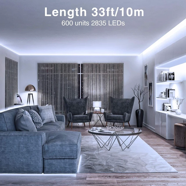 Alt view image 6 of 7 - White LED Strip Lights, 32.8FT 6000K Super Bright Dimmable Tape Light Kit, 600 LEDs Daylight Easter Rope Light, 12V Flexible Strip Lighting for Mirror, Under Cabinet, Home, Bedroom (Pack of 2)