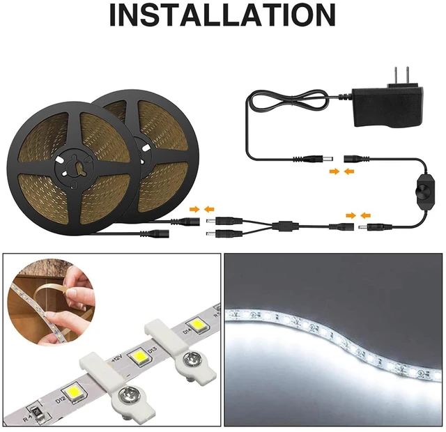 Alt view image 7 of 7 - White LED Strip Lights, 32.8FT 6000K Super Bright Dimmable Tape Light Kit, 600 LEDs Daylight Easter Rope Light, 12V Flexible Strip Lighting for Mirror, Under Cabinet, Home, Bedroom (Pack of 2)