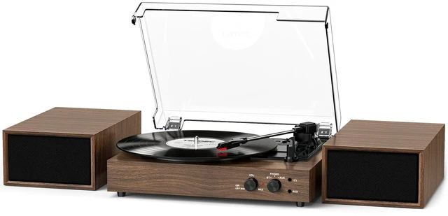 Main image of Vintage Vinyl Record Player with External Speakers, Vintage 3-Speed Turntable with Dual Speakers, Bluetooth Music Playback, MP3 PC Encoding, AUX Input Headphone Jack and RCA Out, Brown Walnut