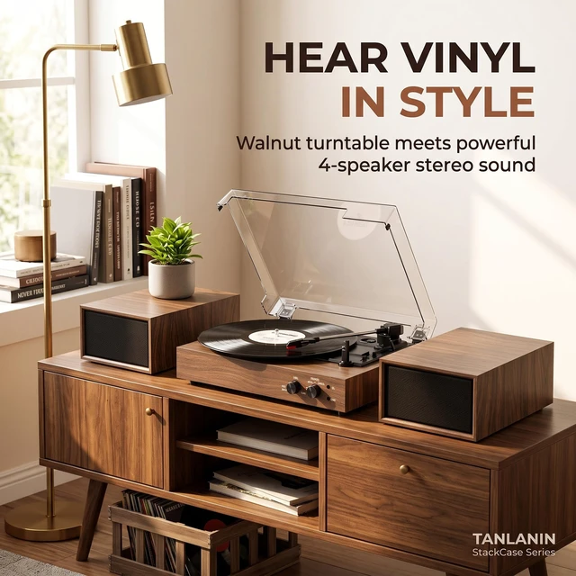Alt view image 2 of 7 - Vintage Vinyl Record Player with External Speakers, Vintage 3-Speed Turntable with Dual Speakers, Bluetooth Music Playback, MP3 PC Encoding, AUX Input Headphone Jack and RCA Out, Brown Walnut