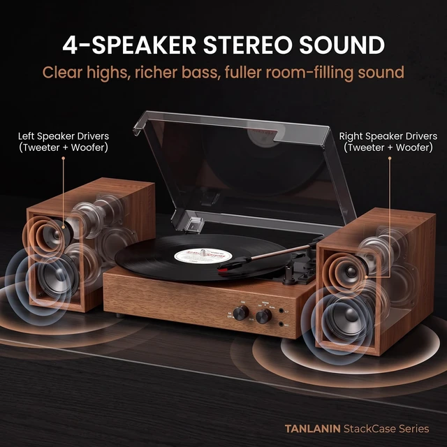 Alt view image 3 of 7 - Vintage Vinyl Record Player with External Speakers, Vintage 3-Speed Turntable with Dual Speakers, Bluetooth Music Playback, MP3 PC Encoding, AUX Input Headphone Jack and RCA Out, Brown Walnut