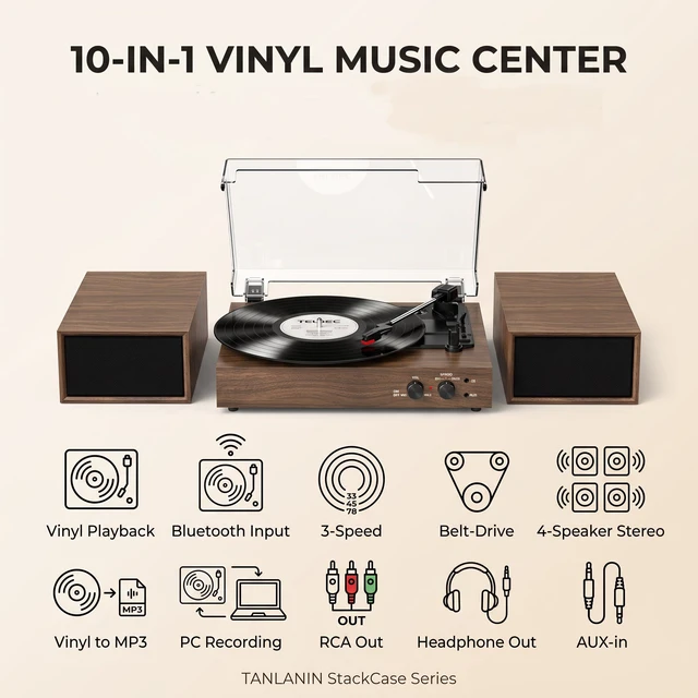 Alt view image 4 of 7 - Vintage Vinyl Record Player with External Speakers, Vintage 3-Speed Turntable with Dual Speakers, Bluetooth Music Playback, MP3 PC Encoding, AUX Input Headphone Jack and RCA Out, Brown Walnut