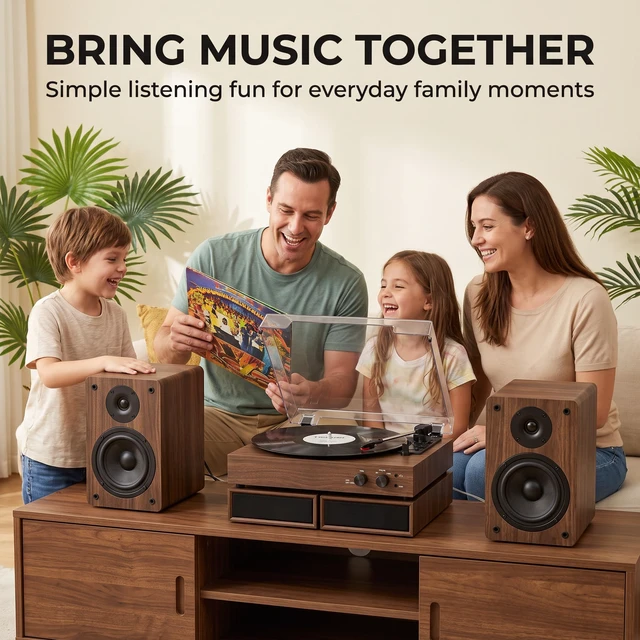 Alt view image 5 of 7 - Vintage Vinyl Record Player with External Speakers, Vintage 3-Speed Turntable with Dual Speakers, Bluetooth Music Playback, MP3 PC Encoding, AUX Input Headphone Jack and RCA Out, Brown Walnut