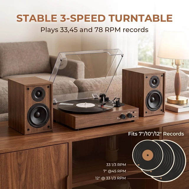 Alt view image 7 of 7 - Vintage Vinyl Record Player with External Speakers, Vintage 3-Speed Turntable with Dual Speakers, Bluetooth Music Playback, MP3 PC Encoding, AUX Input Headphone Jack and RCA Out, Brown Walnut