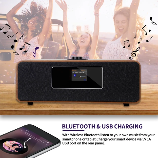 Alt view image 5 of 7 - MS3 Internet Radio, Podcasts,Spotify, Bluetooth, FM Stereo, Walnut Full colour display, 40 presets, remote control, acoustic wooden cabinet, headphone jack, USB, AUX-in, dual alarms clock