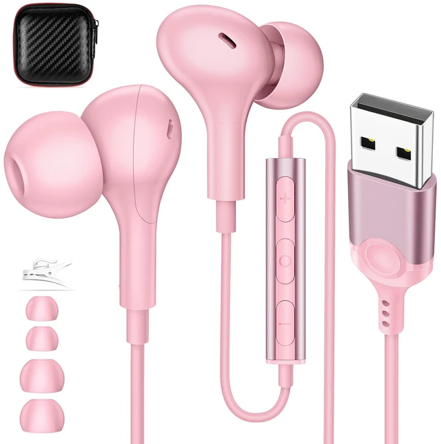 Main image of USB Earbuds with Microphone for PC Laptop,Wired USBA Headset,Pink in Ear Buds Noise Isolating Light Laptop Earphones,Headphones with Mic for Dell HP Computer PC Office Zoom Work Gaming School