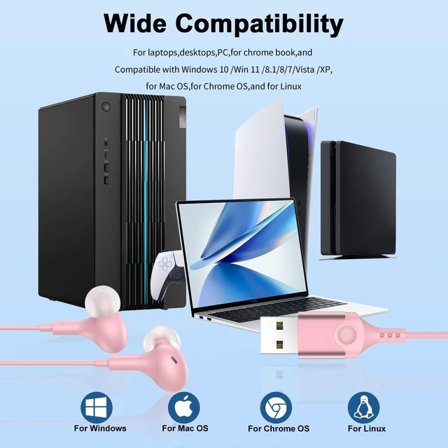 Alt view image 6 of 7 - USB Earbuds with Microphone for PC Laptop,Wired USBA Headset,Pink in Ear Buds Noise Isolating Light Laptop Earphones,Headphones with Mic for Dell HP Computer PC Office Zoom Work Gaming School