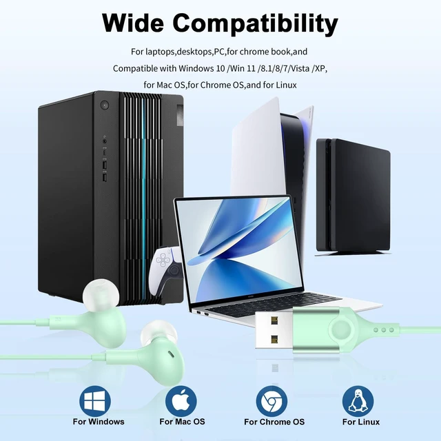 Alt view image 3 of 7 - USB Earbuds with Microphone for PC Laptop,Wired USBA Headset,Green in Ear Buds Noise Isolating Light Laptop Earphones,Headphones with Mic for Dell HP Computer PC Office Zoom Work Gaming School