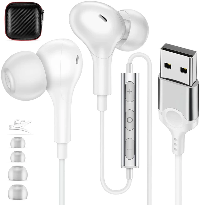 Main image of USB Earbuds with Microphone for PC Laptop,Wired USBA Headset,White in Ear Buds Noise Isolating Light Laptop Earphones,Headphones with Mic for Dell HP Computer PC Office Zoom Work Gaming School
