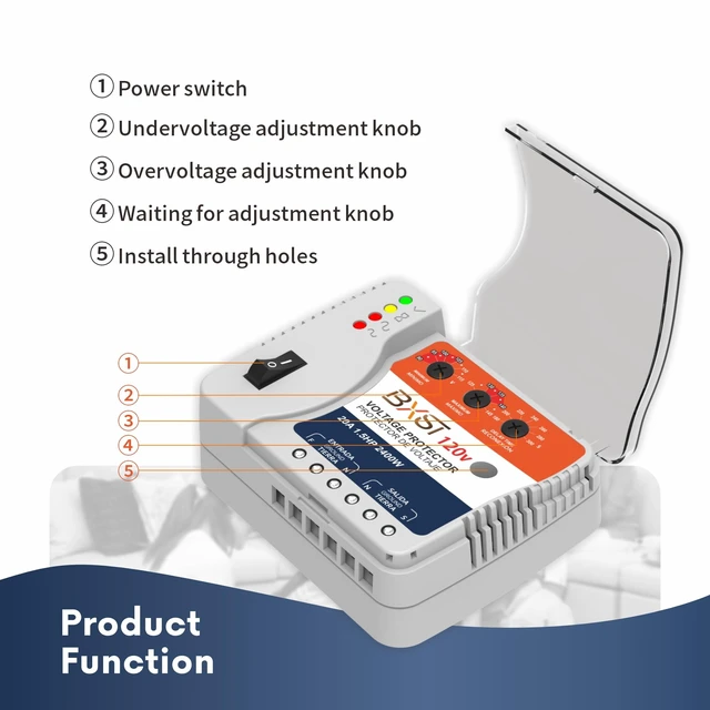 Alt view image 4 of 7 - Surge Protector, 20A Voltage Regulator, Wiring Heavy Duty Power Surge Protector Outlet for Refrigerator, TV, Computer and Home Appliance, Adjustable, LED Display Screen, 120V, 2400W, 140J
