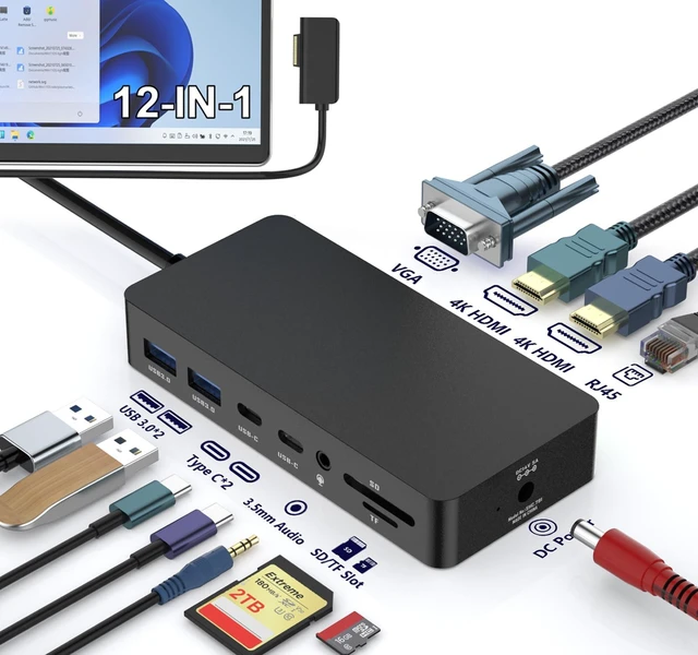 Main image of 12-in-1 Surface Docking Station For Microsoft Surface Pro 11/10/9/8/X/7/6, Surface Laptop 7/6/5/4/3/2, Surface Go 4/3/2/1, Triple Displays (Dual HDMI + VGA), Black