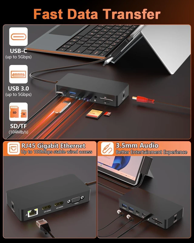 Alt view image 6 of 7 - 12-in-1 Surface Docking Station For Microsoft Surface Pro 11/10/9/8/X/7/6, Surface Laptop 7/6/5/4/3/2, Surface Go 4/3/2/1, Triple Displays (Dual HDMI + VGA), Black