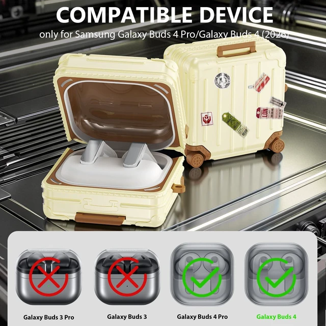 Alt view image 2 of 7 - Compatible with Samsung Galaxy Buds 4 Case/Buds 4 Pro Case Cover, Cute Funny Suitcase Design Case for Galaxy Buds 4 Pro, Fashion Protective Hard Case for Women Men with Keychain (Beige)
