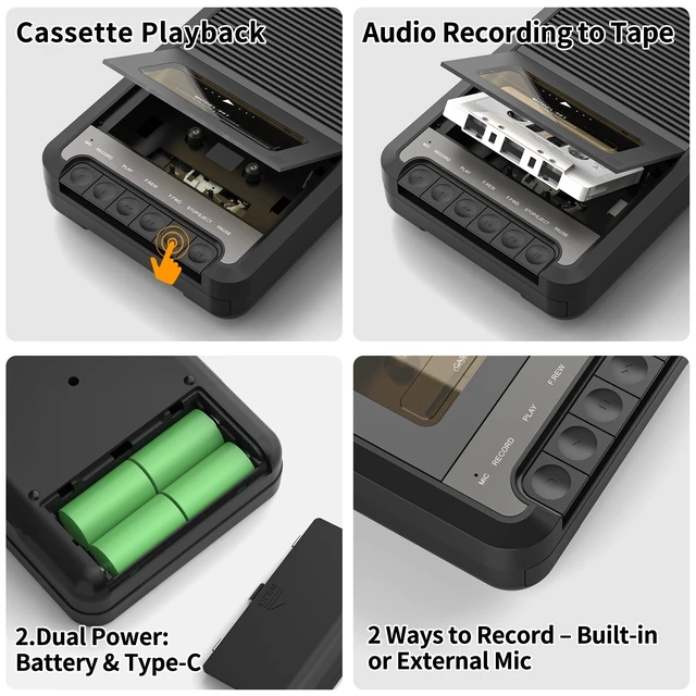 Alt view image 3 of 6 - Cassette Tape Player,Portable Cassette Recorder,Walkman,Black Retro Cassette Player,Voice Recorder with Speaker,Built-in mic,Retractable Handle, Earphone jack, Type-C or Battery