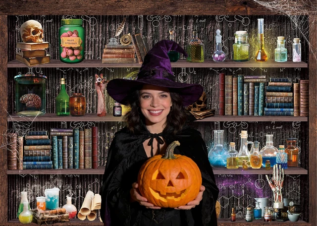 Alt view image 2 of 7 - 10x8ft Mad Scientist Laboratory Backdrop Halloween Magic School Background Witch Kitchen Bookshelf Background, Creepy Skull Poison Bottles Apothecary Banner,Kids Halloween Party Decor Photo Prop