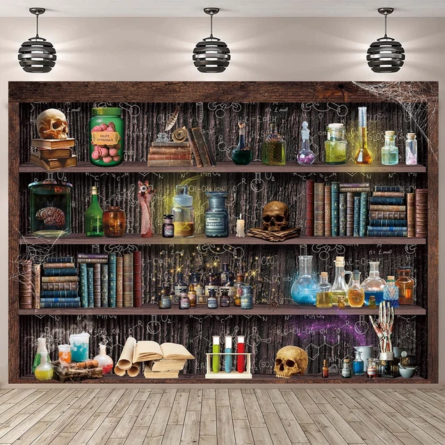 Main image of 10x8ft Mad Scientist Laboratory Backdrop Halloween Magic School Background Witch Kitchen Bookshelf Background, Creepy Skull Poison Bottles Apothecary Banner,Kids Halloween Party Decor Photo Prop