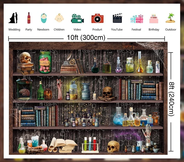Alt view image 6 of 7 - 10x8ft Mad Scientist Laboratory Backdrop Halloween Magic School Background Witch Kitchen Bookshelf Background, Creepy Skull Poison Bottles Apothecary Banner,Kids Halloween Party Decor Photo Prop