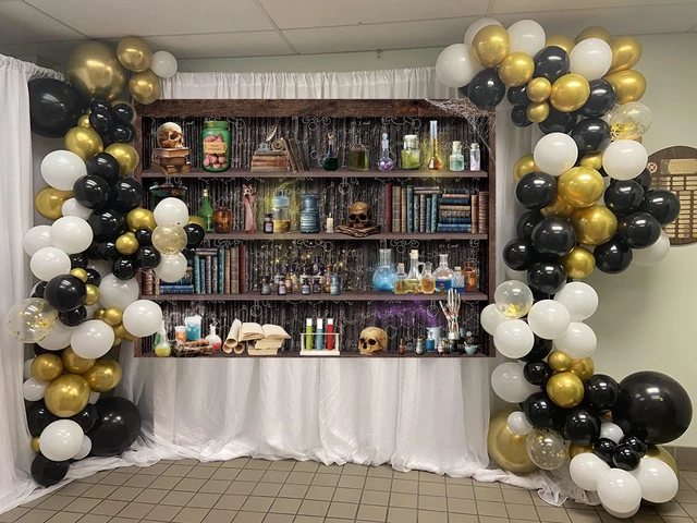Alt view image 5 of 7 - 10x8ft Mad Scientist Laboratory Backdrop Halloween Magic School Background Witch Kitchen Bookshelf Background, Creepy Skull Poison Bottles Apothecary Banner,Kids Halloween Party Decor Photo Prop