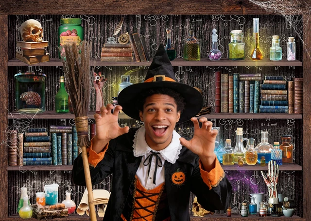 Alt view image 4 of 7 - 10x8ft Mad Scientist Laboratory Backdrop Halloween Magic School Background Witch Kitchen Bookshelf Background, Creepy Skull Poison Bottles Apothecary Banner,Kids Halloween Party Decor Photo Prop