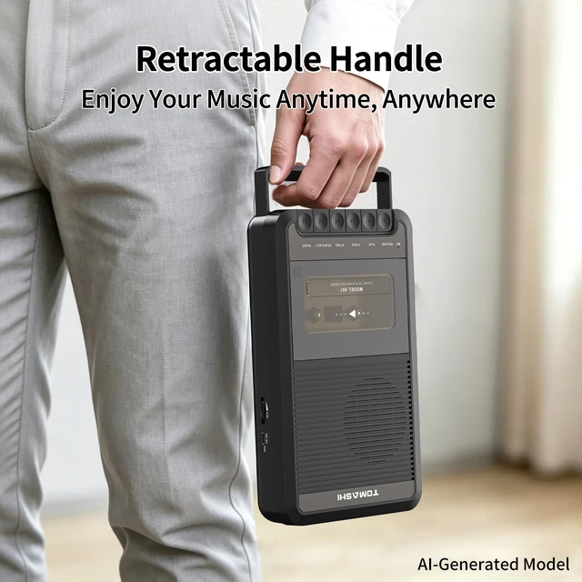 Alt view image 5 of 6 - Cassette Tape Player,Portable Cassette Recorder,Walkman,Black Retro Cassette Player,Voice Recorder with Speaker,Built-in mic,Retractable Handle, Earphone jack, Type-C or Battery
