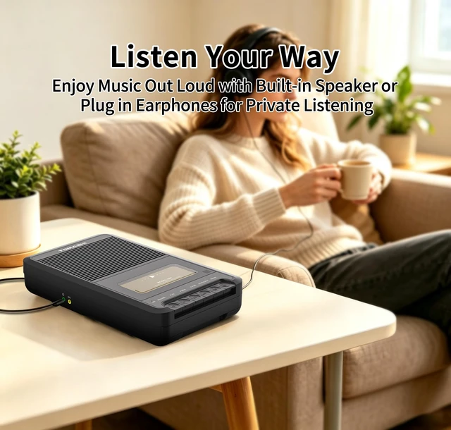 Alt view image 4 of 6 - Cassette Tape Player,Portable Cassette Recorder,Walkman,Black Retro Cassette Player,Voice Recorder with Speaker,Built-in mic,Retractable Handle, Earphone jack, Type-C or Battery