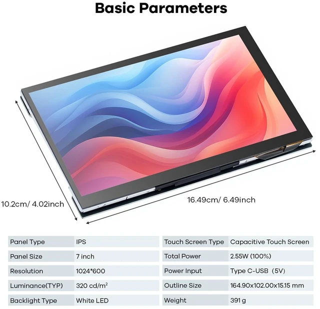 Alt view image 4 of 7 - 7 Inches Touchscreen IPS LCD Display Panel 1024×600 HDMI Capacitive Touch Screen for Raspberry Pi5/Pi4/Pi3/ZERO 2W, BB Black, Windows