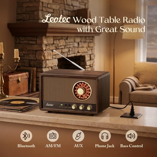 Alt view image 3 of 7 - AM FM Radio,Retro Wood Table Radio,Portable Bluetooth Speaker Plug in Wall,Best Reception with AUX,Headphone Jack,Bass Control,Great for Home,Outdoor,Brown