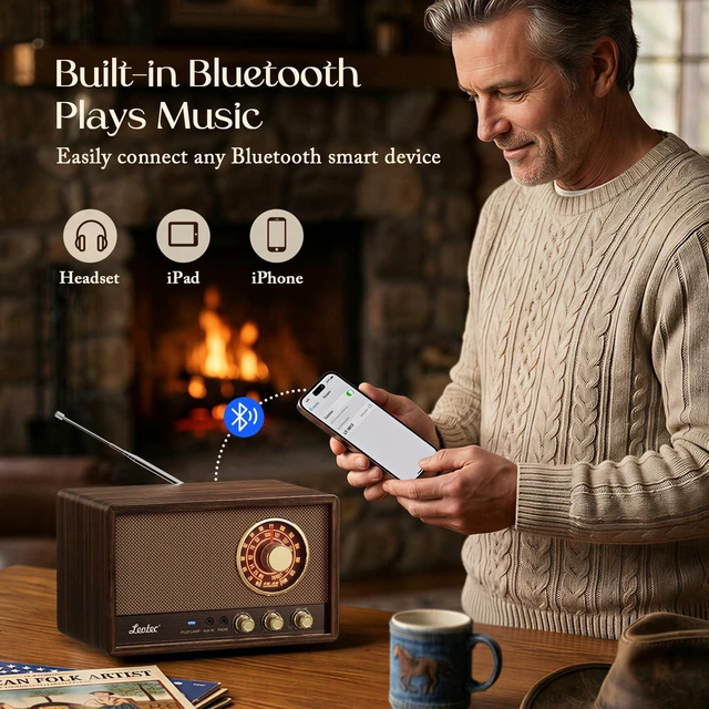 Alt view image 2 of 7 - AM FM Radio,Retro Wood Table Radio,Portable Bluetooth Speaker Plug in Wall,Best Reception with AUX,Headphone Jack,Bass Control,Great for Home,Outdoor,Brown