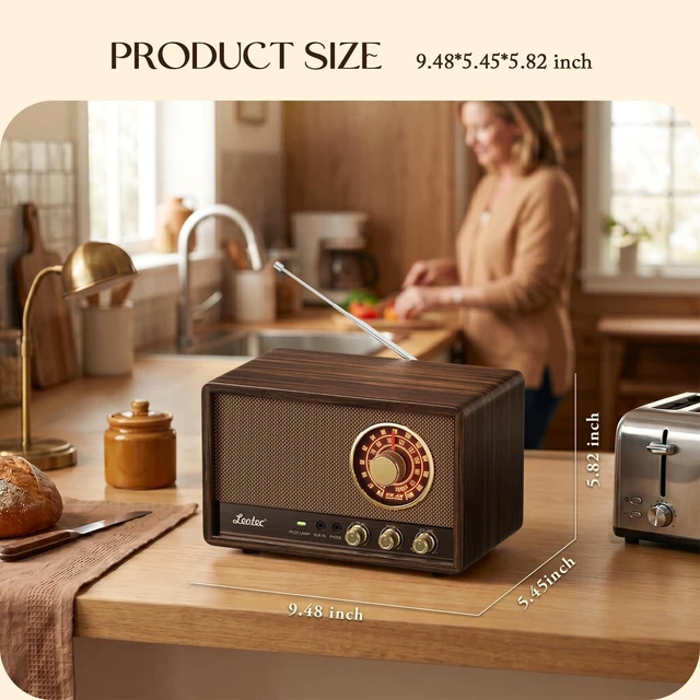 Alt view image 5 of 7 - AM FM Radio,Retro Wood Table Radio,Portable Bluetooth Speaker Plug in Wall,Best Reception with AUX,Headphone Jack,Bass Control,Great for Home,Outdoor,Brown