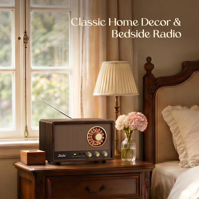 Alt view image 6 of 7 - AM FM Radio,Retro Wood Table Radio,Portable Bluetooth Speaker Plug in Wall,Best Reception with AUX,Headphone Jack,Bass Control,Great for Home,Outdoor,Brown