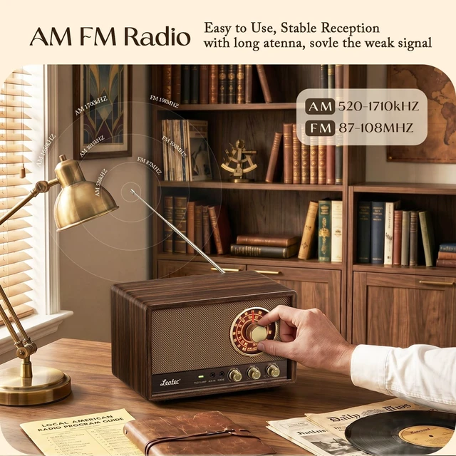 Alt view image 4 of 7 - AM FM Radio,Retro Wood Table Radio,Portable Bluetooth Speaker Plug in Wall,Best Reception with AUX,Headphone Jack,Bass Control,Great for Home,Outdoor,Brown