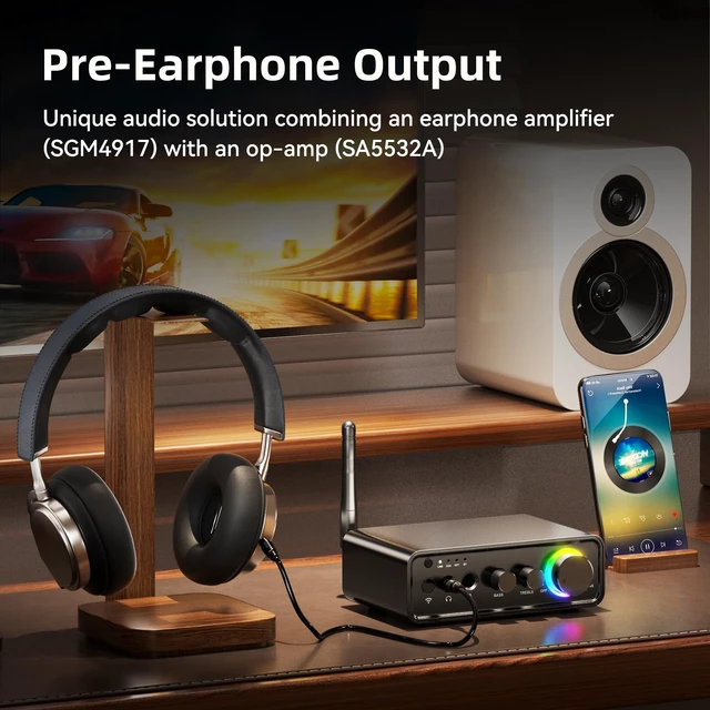 Alt view image 4 of 6 - M19 BT Amplifier Stereo Receiver, Bluetooth 5.3 Mini Amplifier 2 Channels 100W x2 HiFi Class D Amp with RCA/Optical/Coaxial/Mic Input and Bass Treble Control for Home Outdoor Speakers