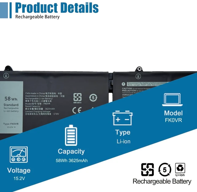 Alt view image 2 of 6 - FK0VR Laptop Battery Replacement for Dell Latitude 5530 7530 5330 7330 5430 7430 2-in-1 Precision 3570 Series H4PVC 8WRCR 0Y86WG 78FWY 51R71 8P81K Y86WG HFN8K P133G P134G 15.2V 58Wh 3625mAh