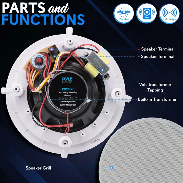 Alt view image 2 of 7 - 6.5 Inch Ceiling Mount Speaker - 70V Transformer - 500W Commercial, Restaurant Audio, Surround Sound, Flush Design, In-Wall Installation - PDIC63T - 1pc (White)