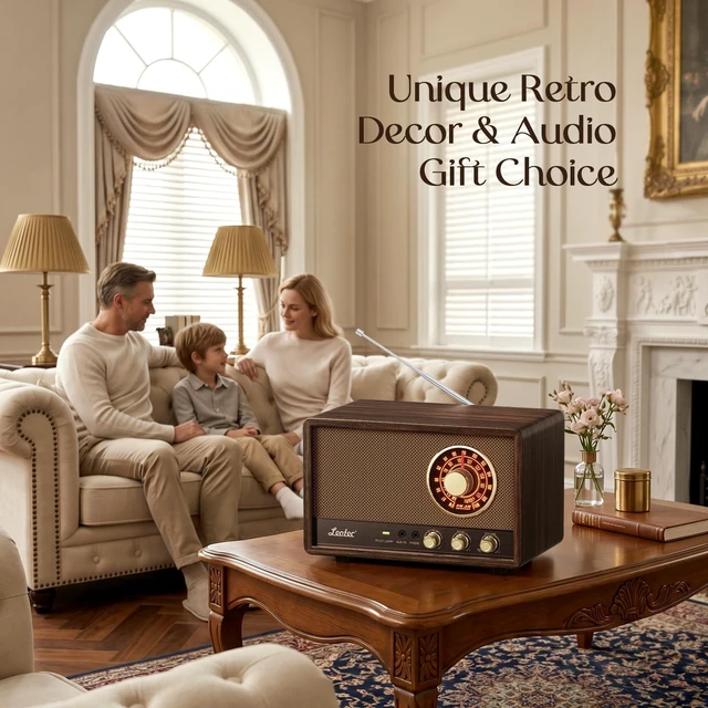Alt view image 7 of 7 - AM FM Radio,Retro Wood Table Radio,Portable Bluetooth Speaker Plug in Wall,Best Reception with AUX,Headphone Jack,Bass Control,Great for Home,Outdoor,Brown