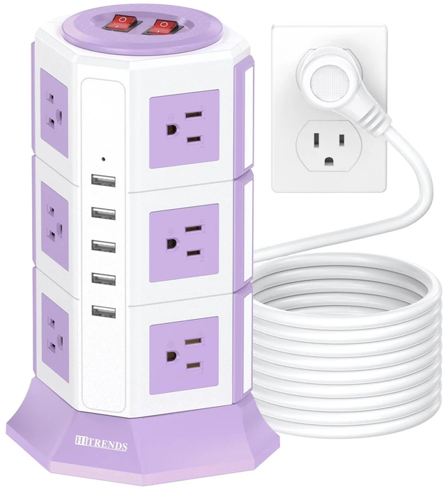 Main image of Purple Tower Power Strip with 12 AC Outlets and 5 USB Ports, 1050J Overload Protection, 16AWG 15 Ft Flat Plug Extension Cord, Space Saving Vertical Design for Home Office and Dorm Room