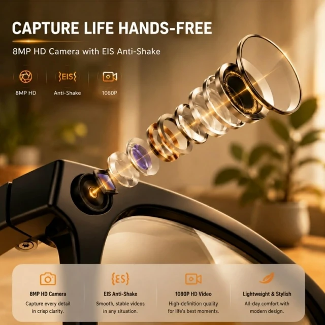 Alt view image 2 of 7 - AI Smart Glasses with Camera, 1080P Video & Real-Time Translation 8MP HD Camera with EIS, 139+ Language Translation, Open-Ear Audio Bluetooth Sunglasses, Object Recognition, 410 mAh Battery