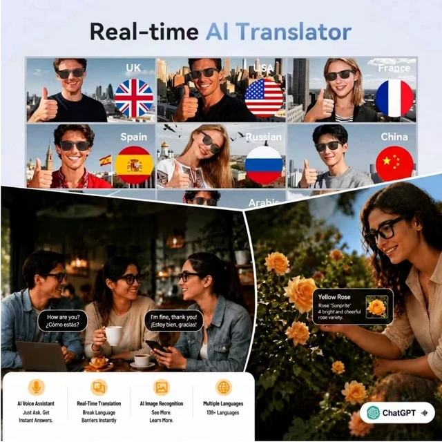 Alt view image 5 of 7 - AI Smart Glasses with Camera, 1080P Video & Real-Time Translation 8MP HD Camera with EIS, 139+ Language Translation, Open-Ear Audio Bluetooth Sunglasses, Object Recognition, 410 mAh Battery
