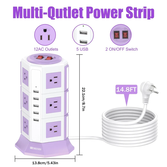 Alt view image 2 of 7 - Purple Tower Power Strip with 12 AC Outlets and 5 USB Ports, 1050J Overload Protection, 16AWG 15 Ft Flat Plug Extension Cord, Space Saving Vertical Design for Home Office and Dorm Room